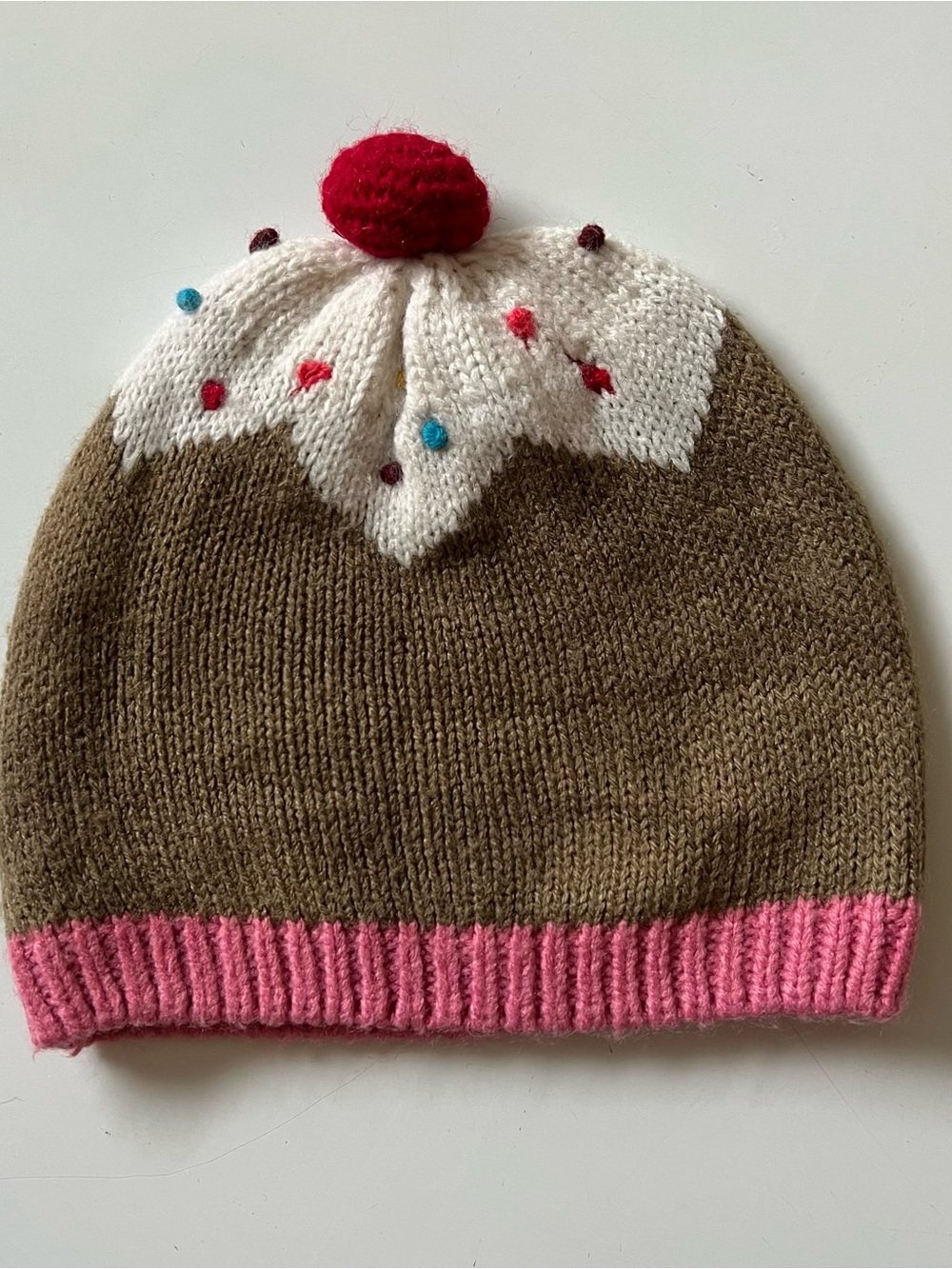 Kids Brown Knit Hat Frosting Sprinkles Cherry Pink Trim Cupcake Ice Cream EUC